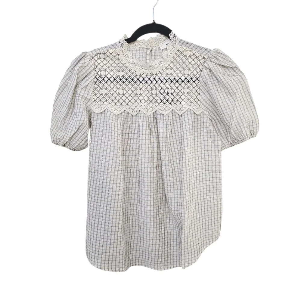 NWT Mine Womens White Plaid Lace Top Size M Blouse - Picture 1 of 4